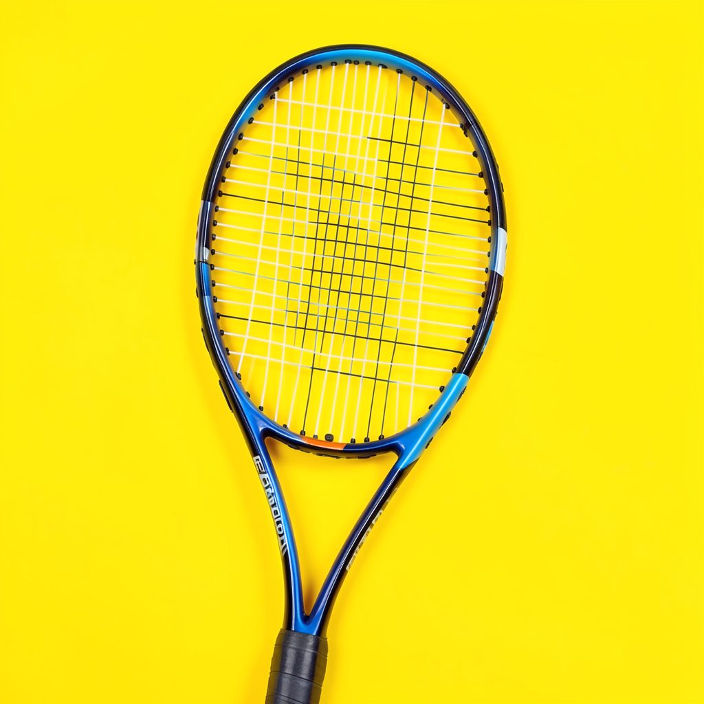 Tennis racket head with strings visible, set against a vivid yellow backdrop, evoking the energy of the sport