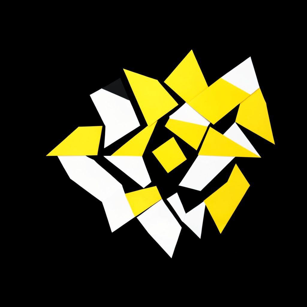 Abstract geometric shapes in yellow and white on a black field, representing partnership and support