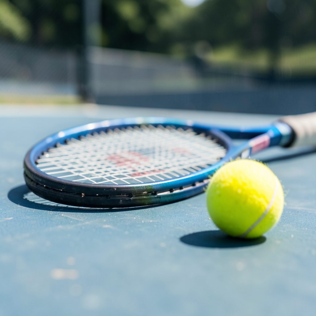 Close-up of a tennis racquet and yellow ball on a hard court surface, shallow depth of field, bright daylight