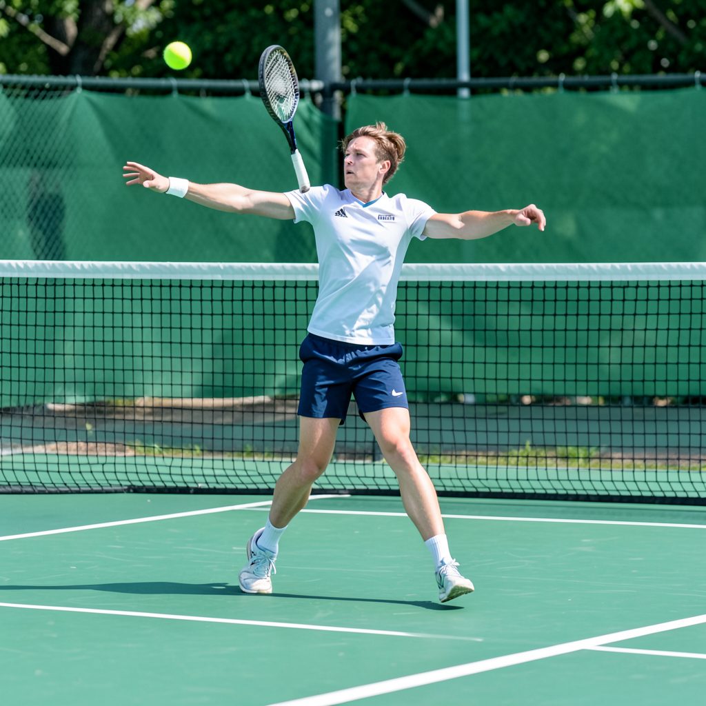 Forehand stroke captured at net level, white court lines and green background, crisp daylight