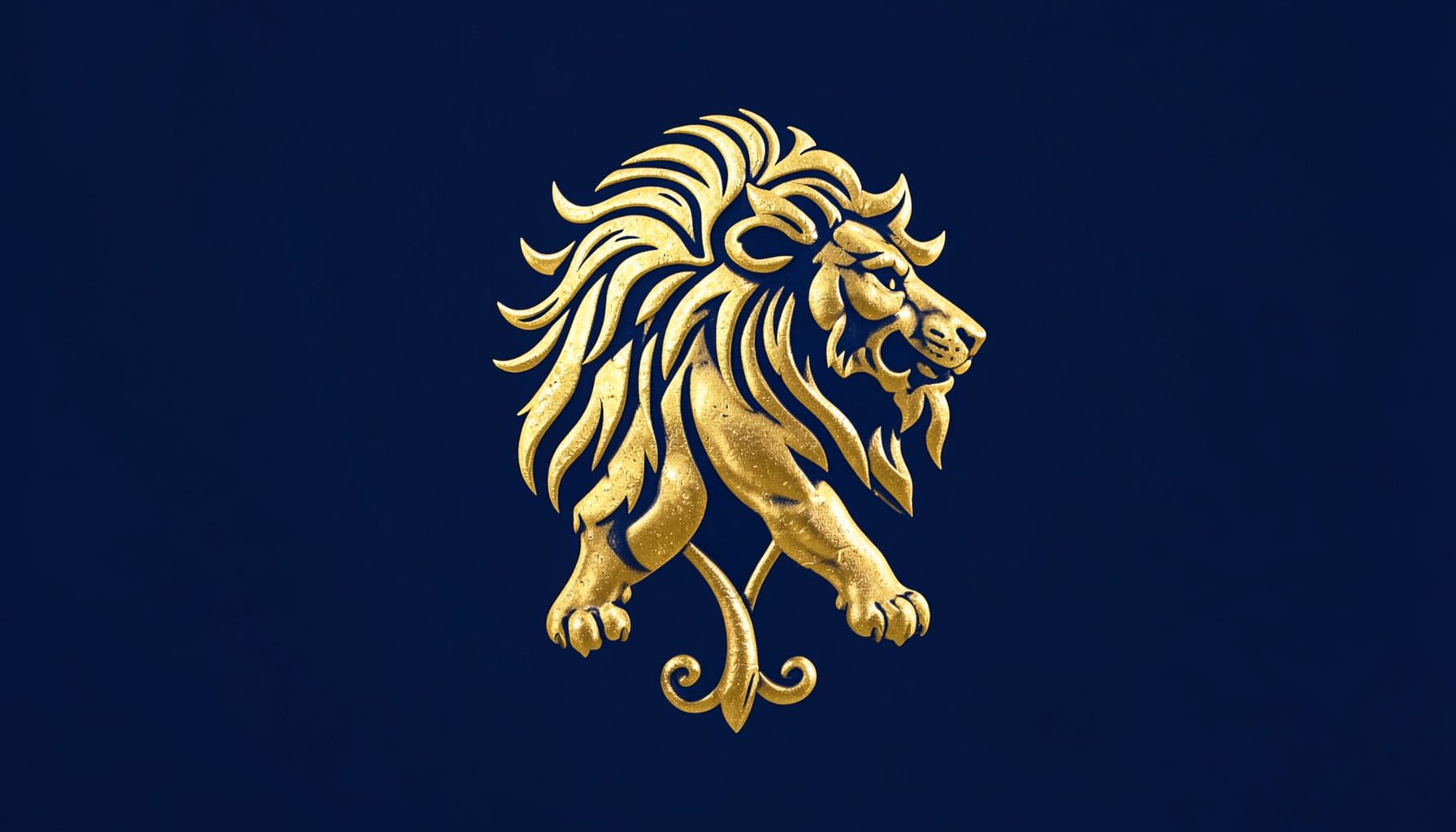 Deep navy blue background with a golden mythical lion emblem, conveying heritage and strength