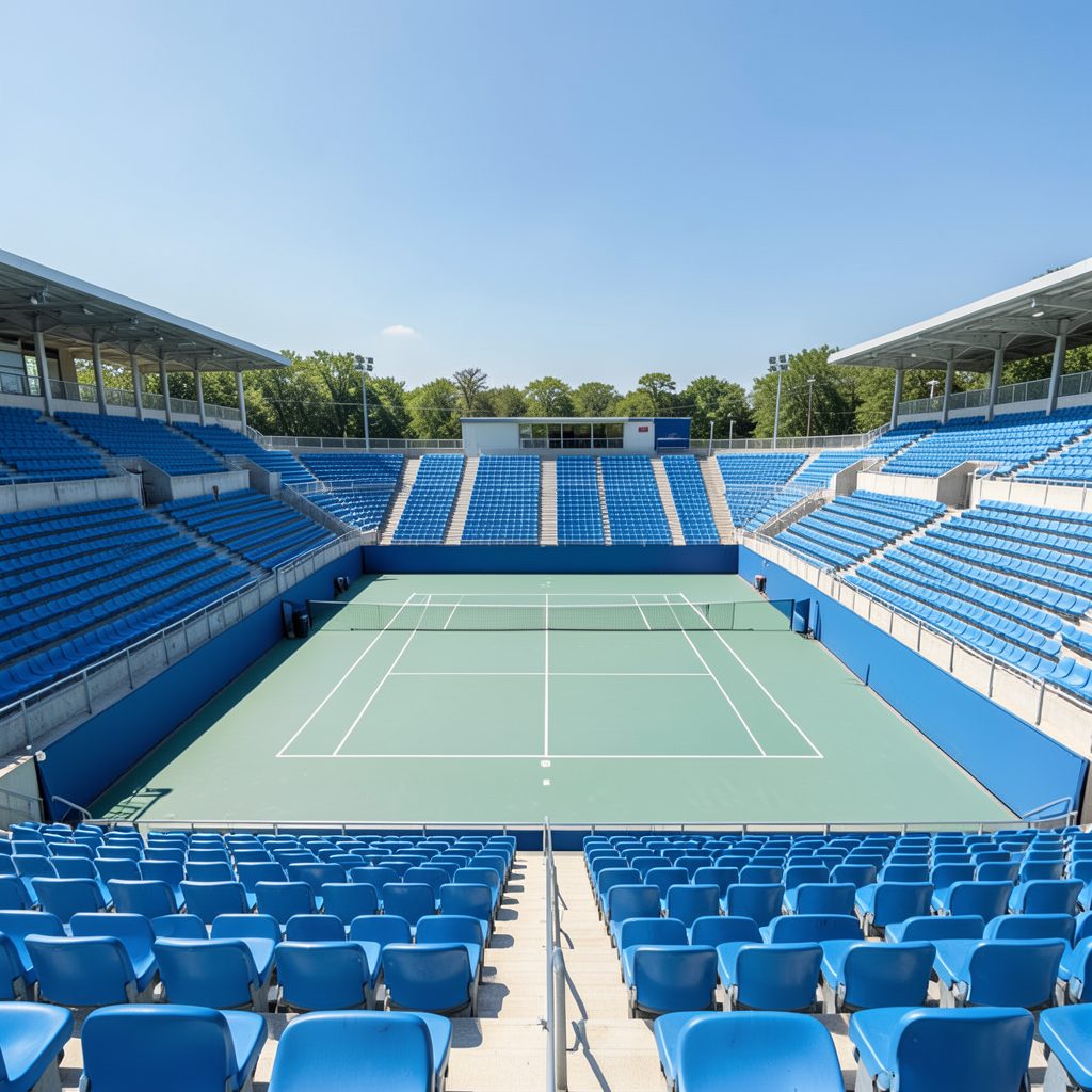 Wide view of an outdoor tennis stadium with empty blue seats and a pristine court under clear sky