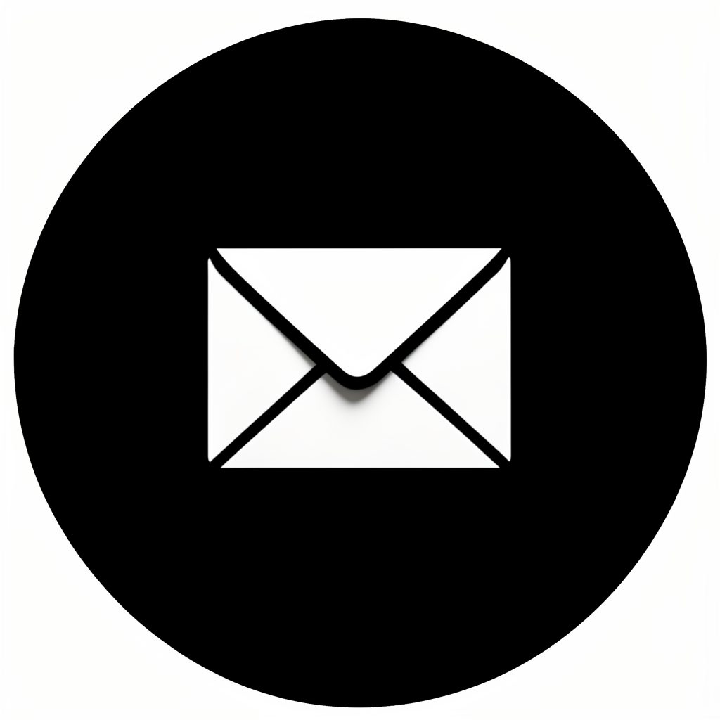 Simple envelope icon on a black circular background, suggesting communication and contact