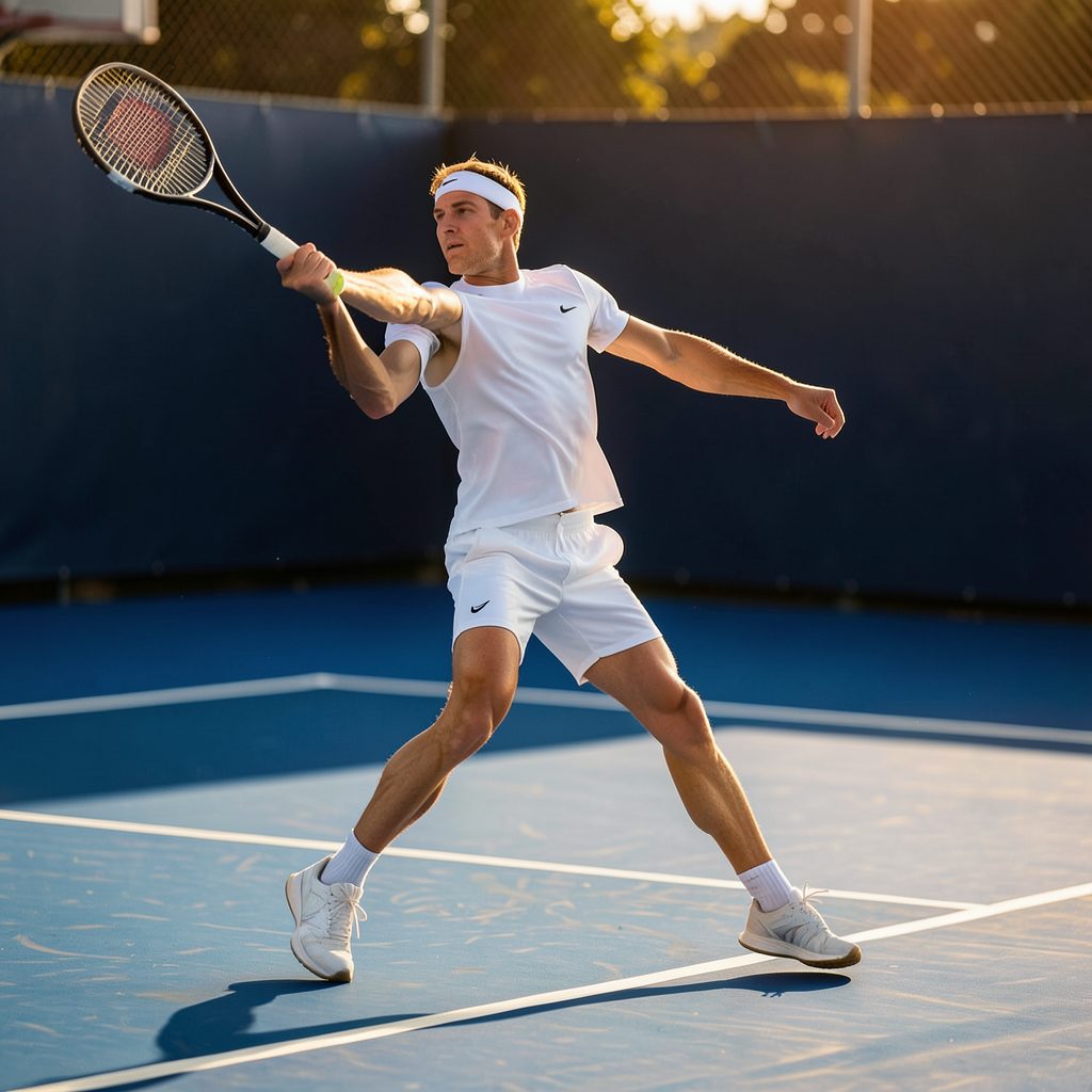 Tennis player in white athletic wear mid-serve on a sunlit blue hard court, warm golden tones and deep court blues