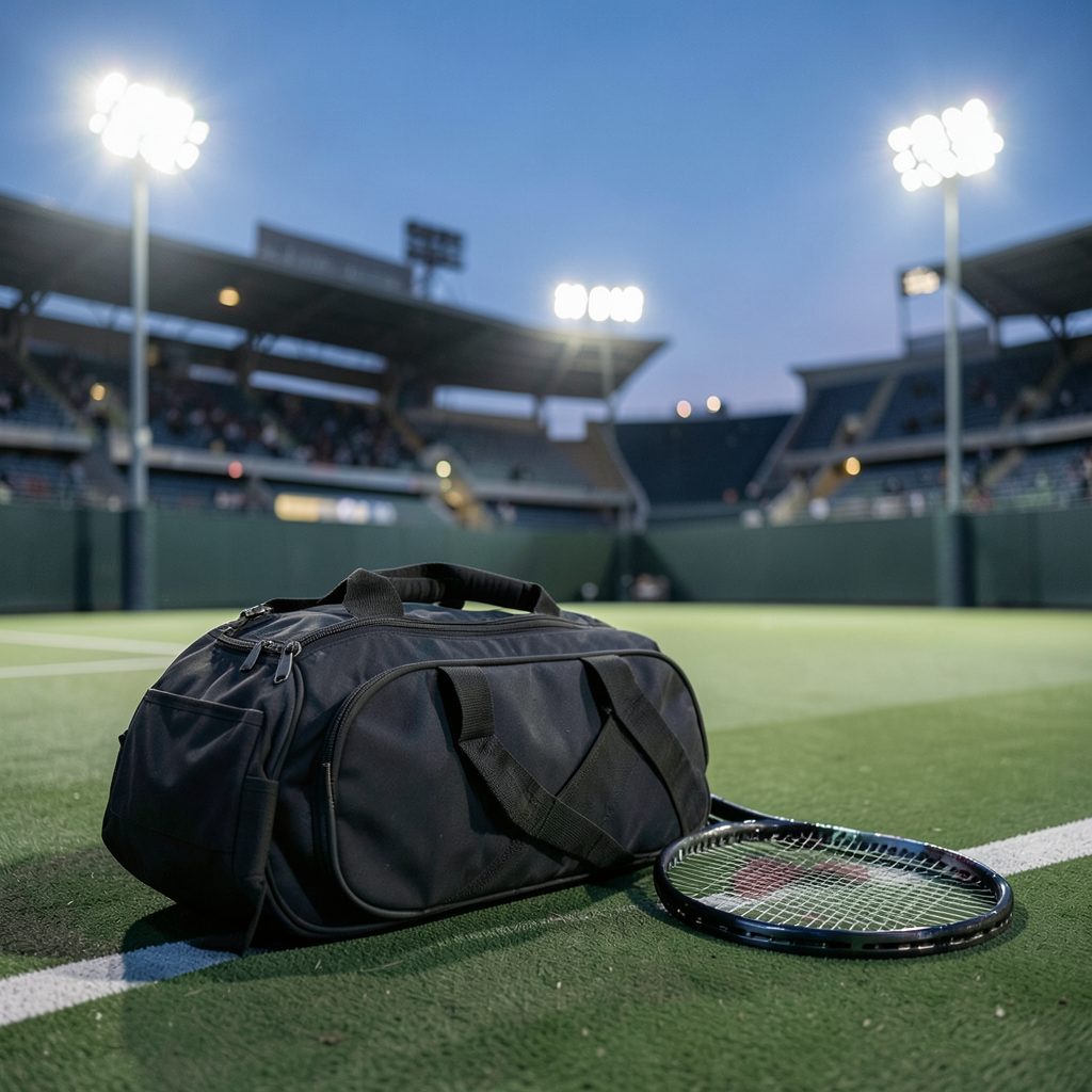 Tennis bag and gear resting courtside with stadium lights glowing in the background at dusk
