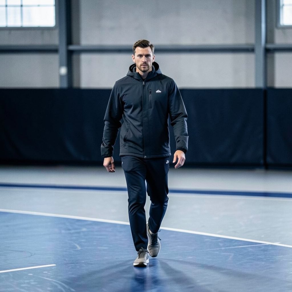 Athlete in dark warm-up jacket walking onto an indoor hard court, cool grey and navy tones